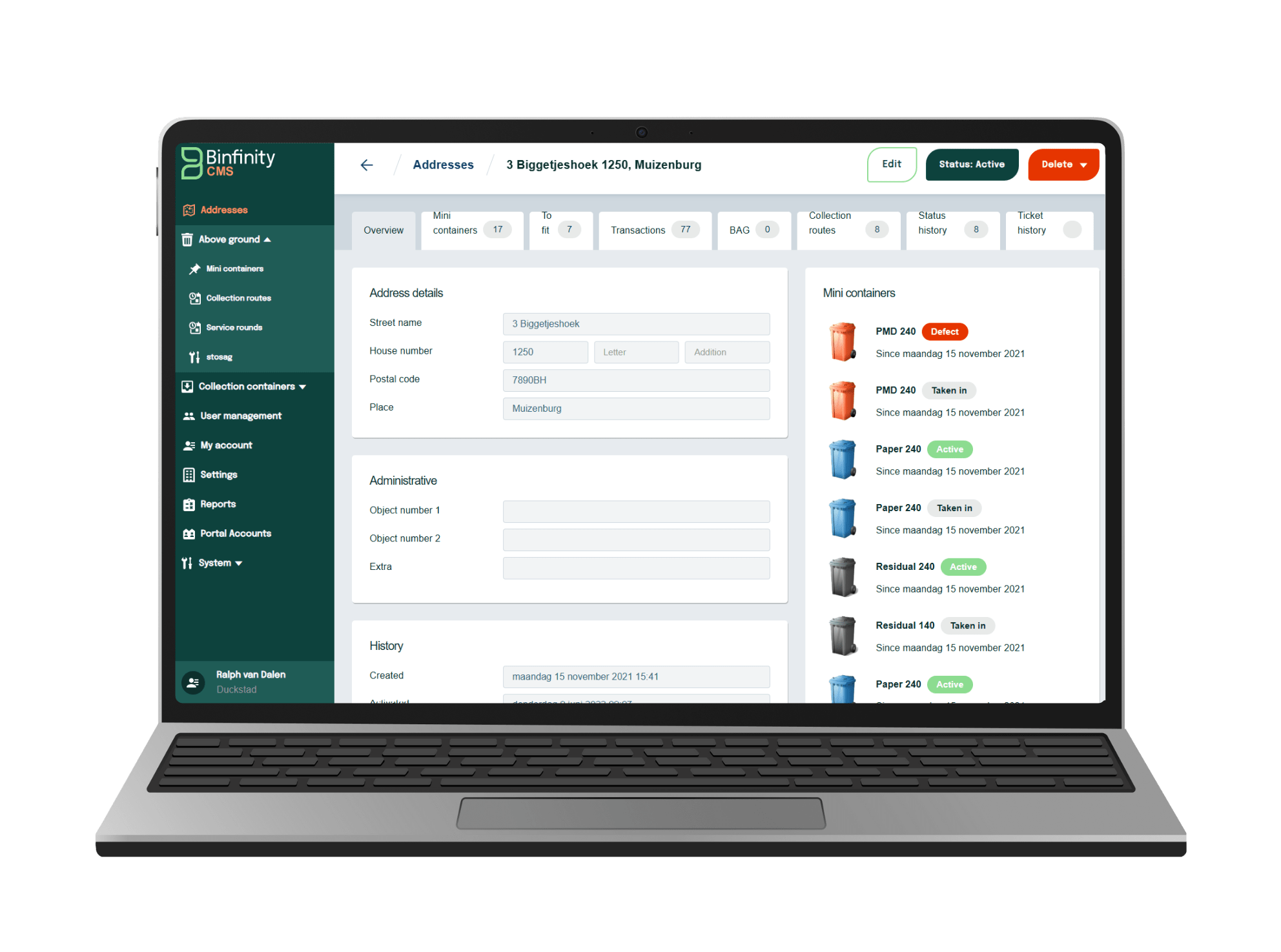 Overview of address data in Binfinity CMS dashboard