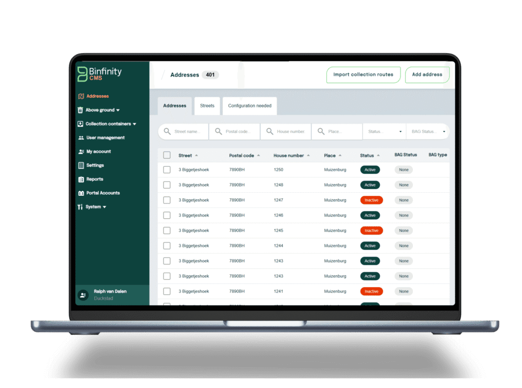 Overview of address data in Binfinity CMS dashboard