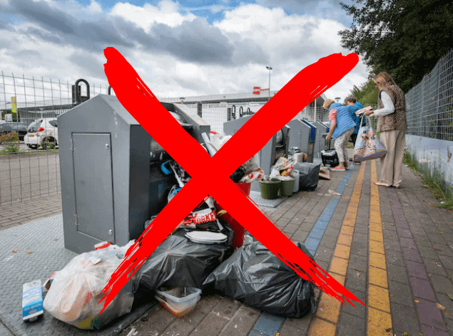 The side waste problem made visible Multiple garbage bags placed around an underground container