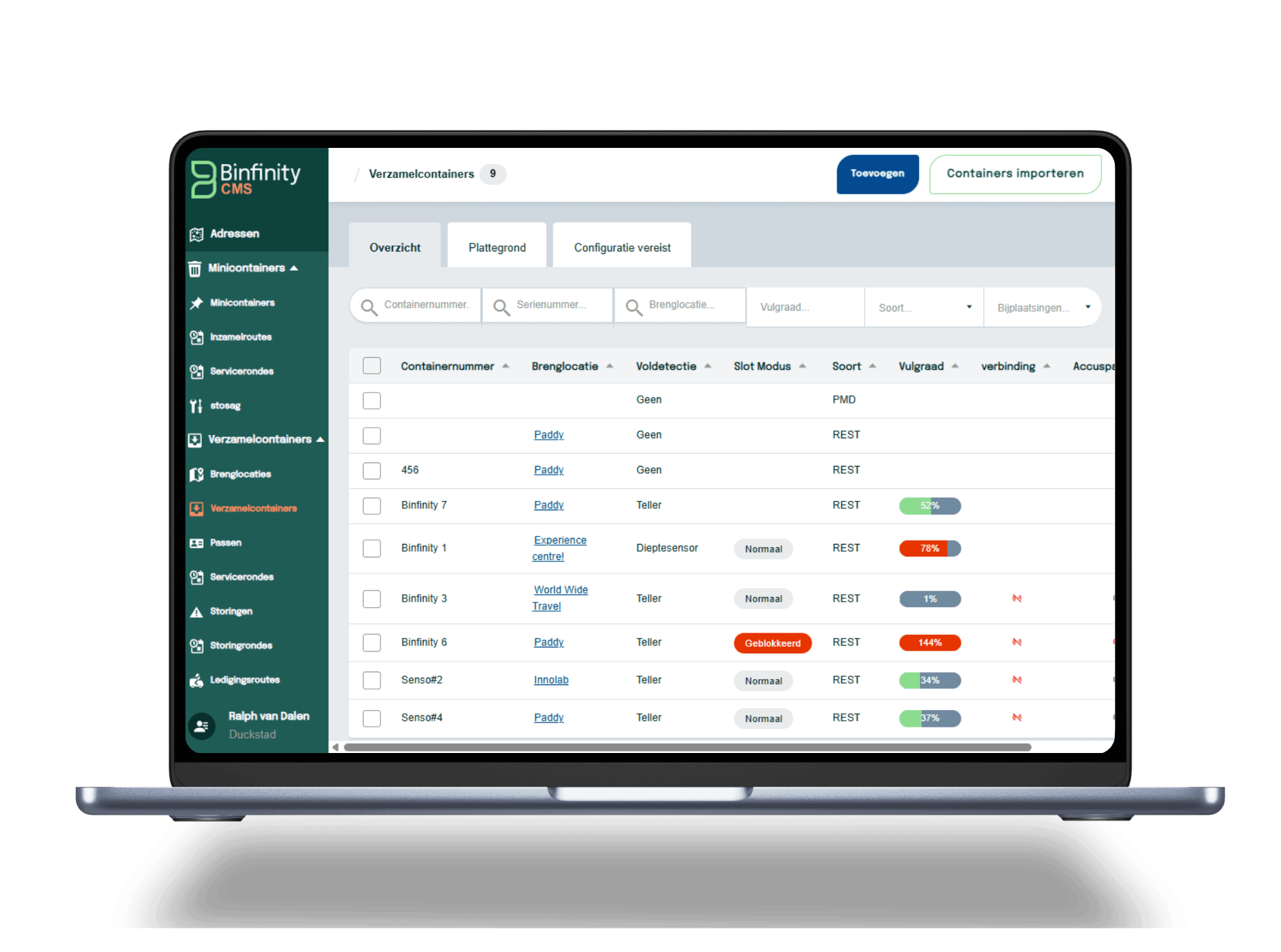 Verzamelcontainers beheren in Binfinity CMS Dashboardfragment van beheer van verzamelcontainers in Binfinity CMS