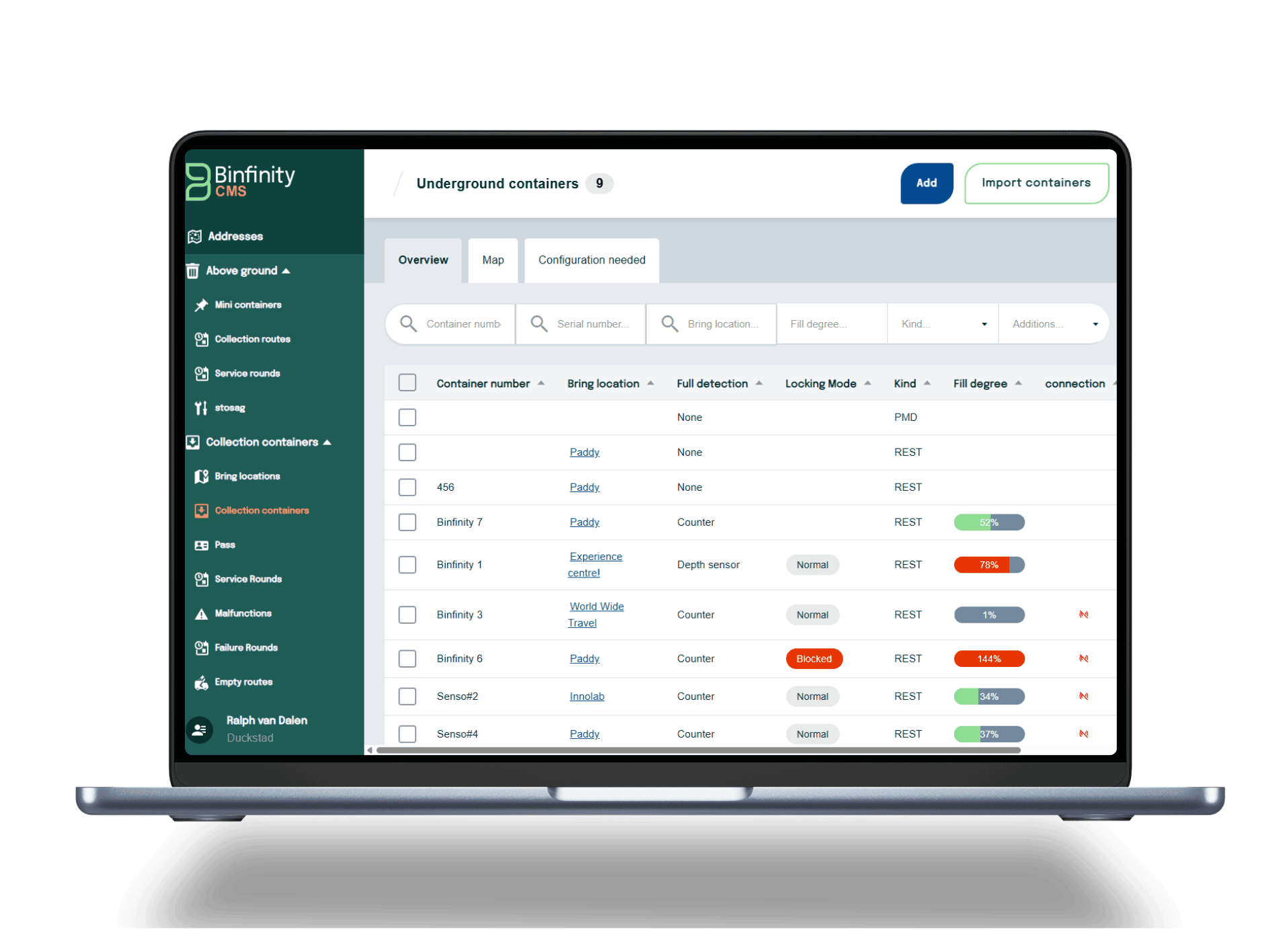Dashboard snippet of collection container management in Binfinity CMS