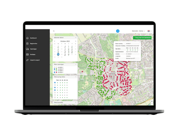 Realtime overzicht met Binfinity Ident software Binfinity Ident softwaredashboard met realtime inzameldata en voertuigstatistieken