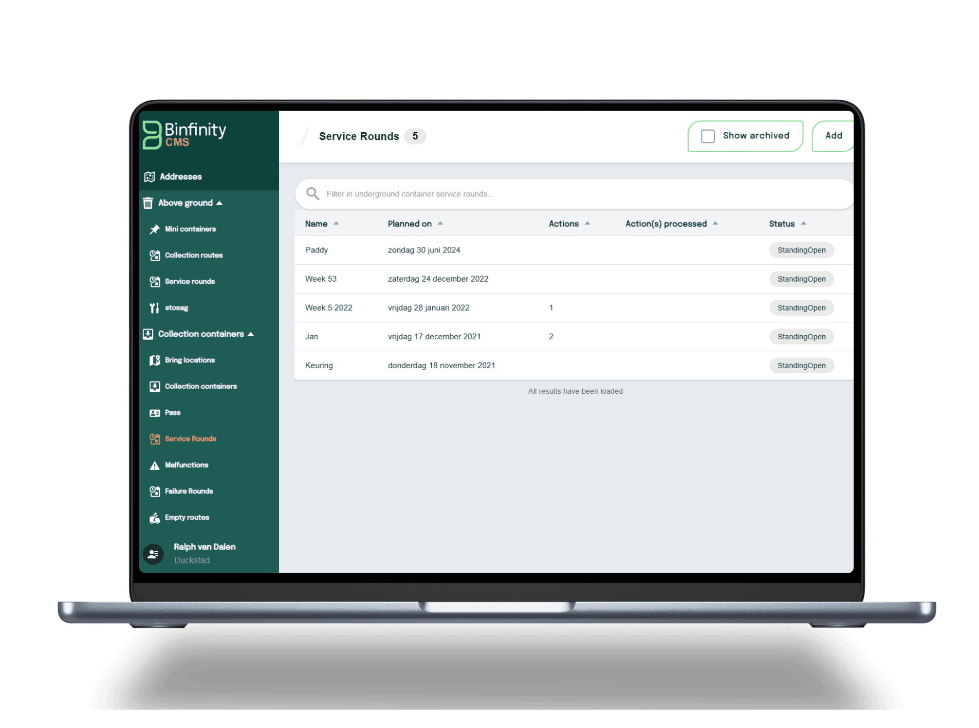 Mobile view of service module in Binfinity CMS for technicians