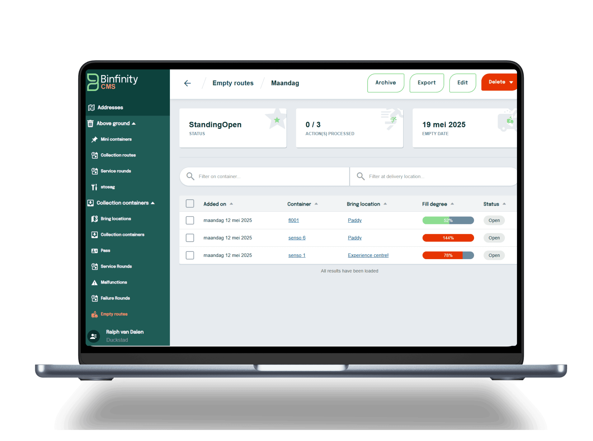 Visual of smart route optimization based on fill-level data in Binfinity CMS
