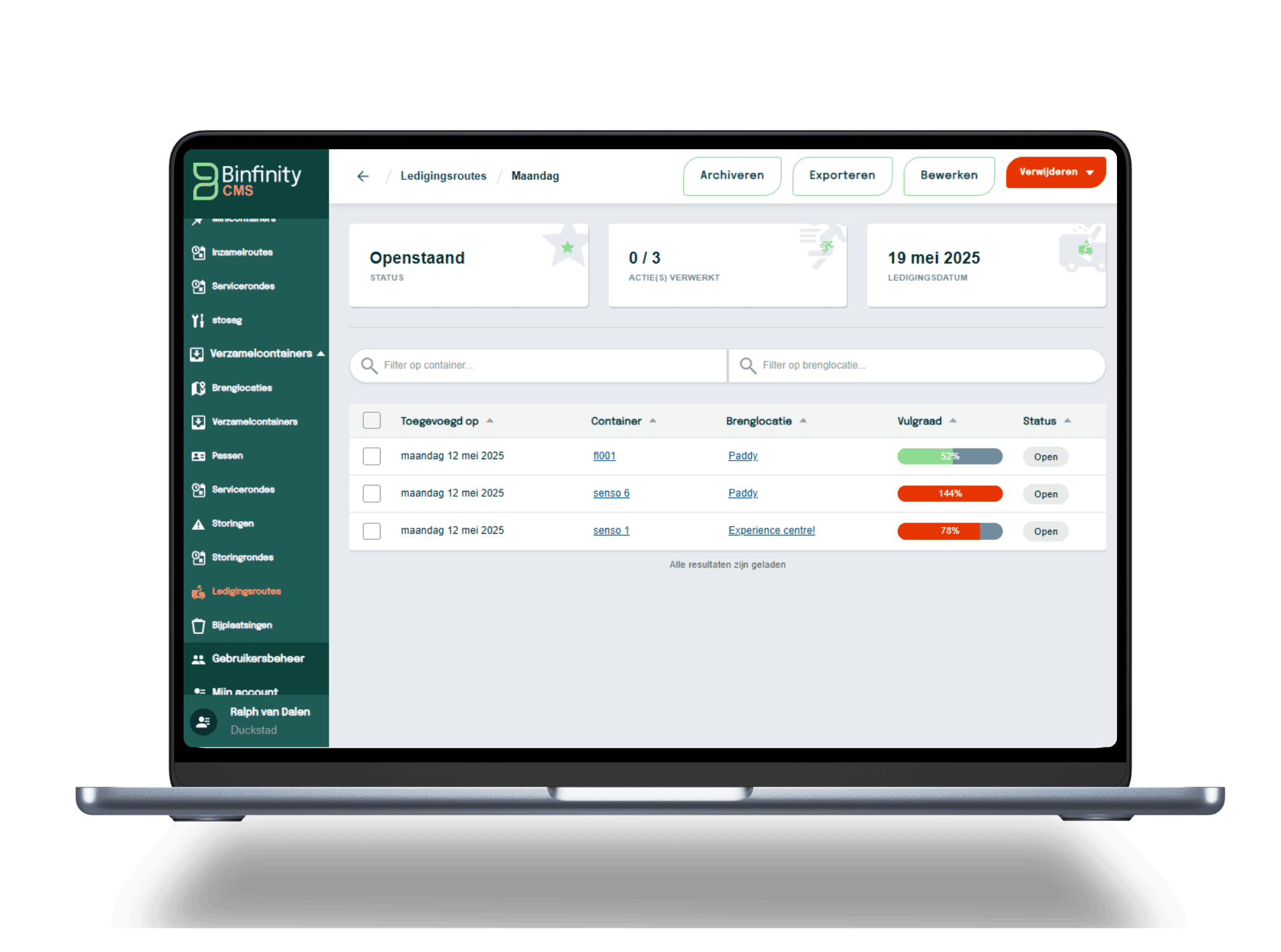 Routeoptimalisatie in Binfinity CMS Visual van slimme routeoptimalisatie gebaseerd op vulgraaddata in Binfinity CMS